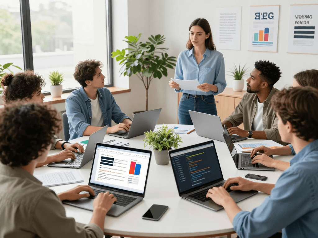 Creating Barrierefreie und rechtssichere Webseiten Dienstleistung with a diverse team in a modern office, emphasizing accessibility and compliance.