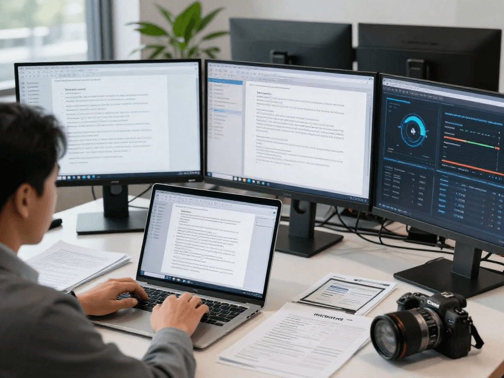 Expert analyzing document fraud detection data on multiple screens in a modern office