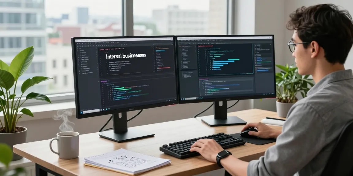 Build internal tools with AI in a modern workspace featuring a developer at dual monitors surrounded by coding elements.