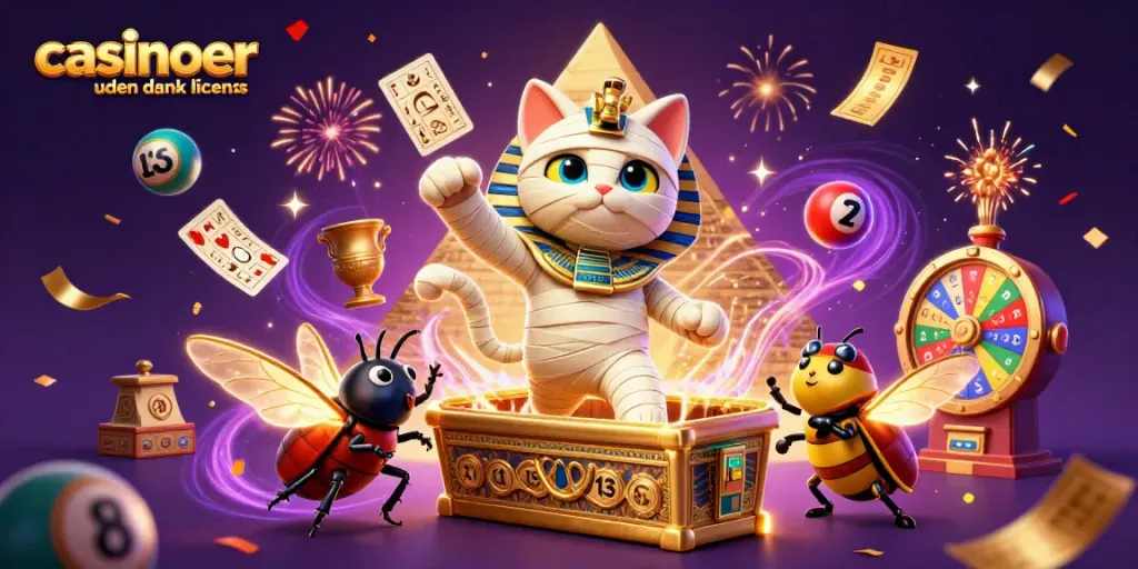 Engage with casinoer uden dansk licens through a vibrant scene featuring an Egyptian mummy cat and golden lottery elements.