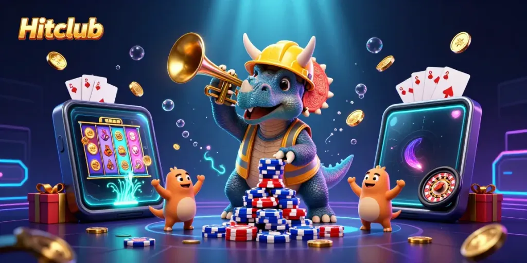 Hitclub's vibrant 3D scene showcases a triceratops celebrating wins with poker chips and a smartphone displaying slots.