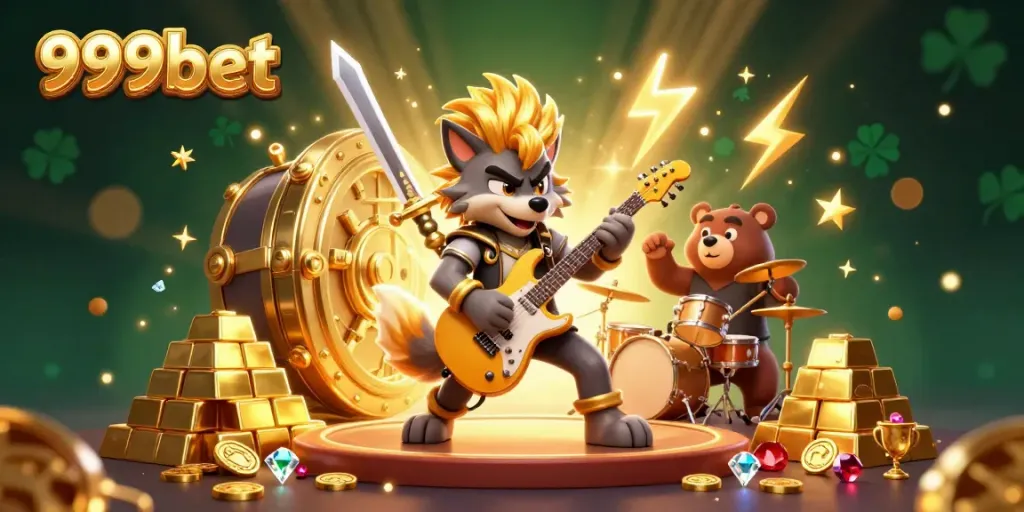 Experience the vibrant casino scene with 999bet featuring a rock star wolf and drummer bear amidst waves of treasure and excitement.