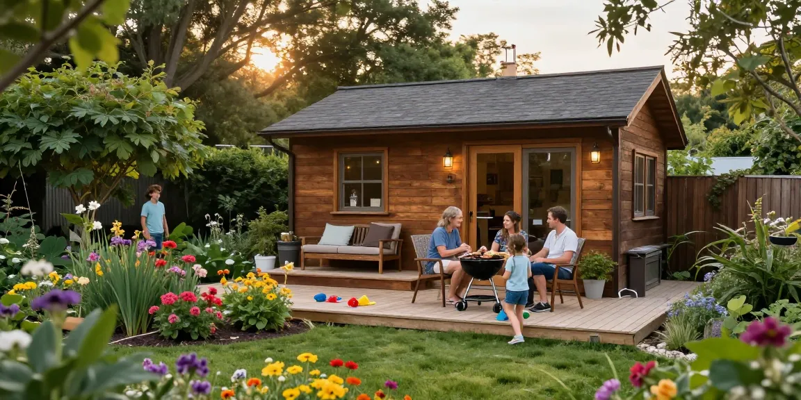 Attraktives Gartenhaus Holz umgeben von bunten Blumen und einer Familie im Freien.