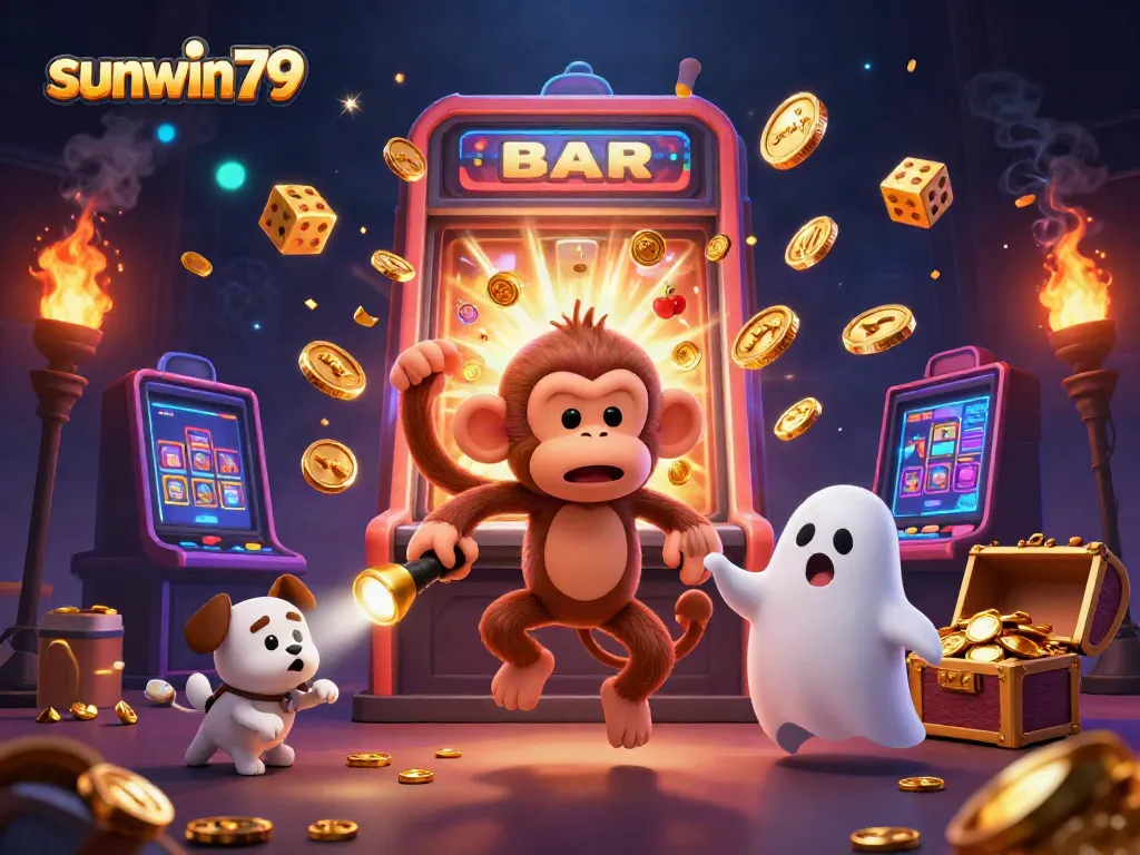 Experience the thrills of sunwin79 with a playful monkey and adventurous puppy in a vibrant casino