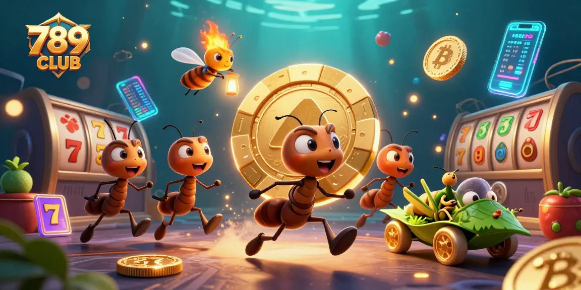 Experience thrilling gameplay at 789CLUB with dynamic 3D illustrations of ants and jackpots.