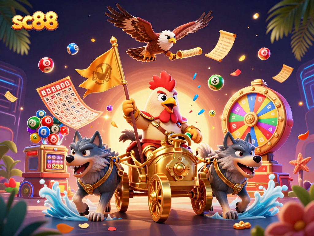 Engage with sc88's exciting lottery vibes, featuring colorful balls, chariot, and vibrant game elements.