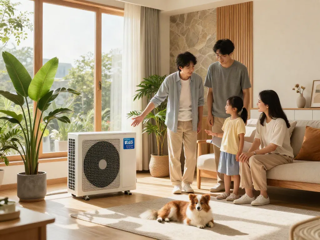 Wärmepumpen in modernem Wohnraum mit Familie, die Energieeinsparungen bespricht