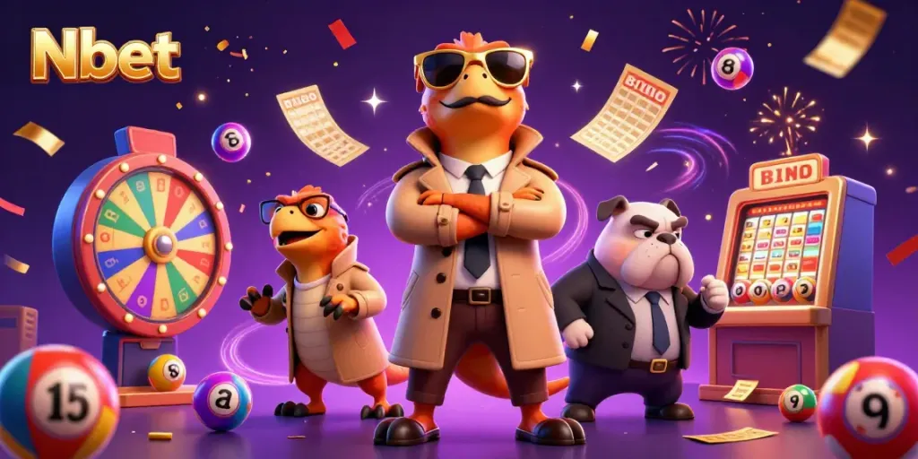 Engage in exciting Nbet slots fun with raptors and a bulldog bouncer in a vibrant casino scene.