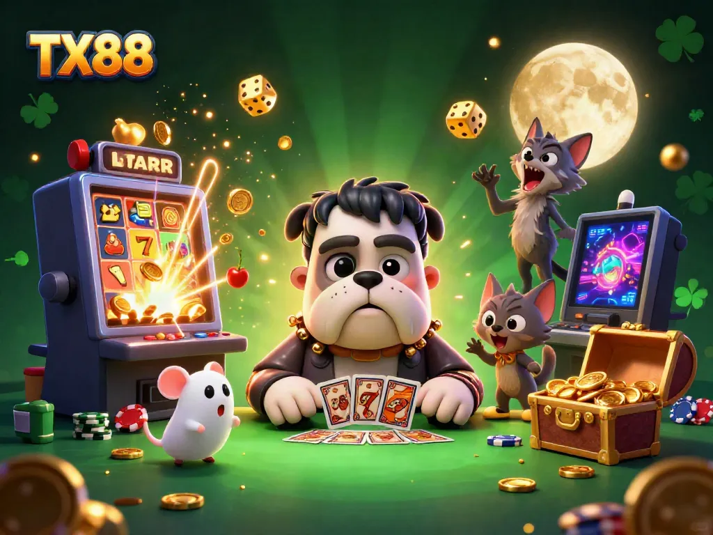 Experience TX88 thrills with a 3D cartoon scene of a bulldog monster dealing cards at a casino table.