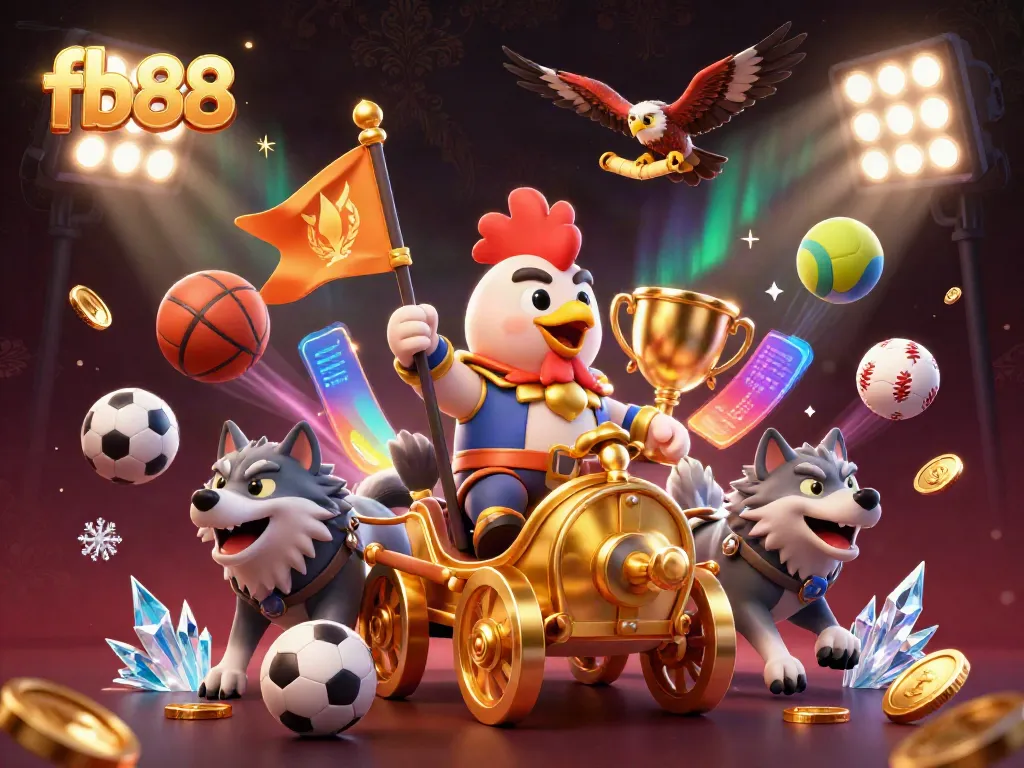 Experience the excitement of fb88 with a dynamic 3D illustration featuring a rooster warlord and sports elements.