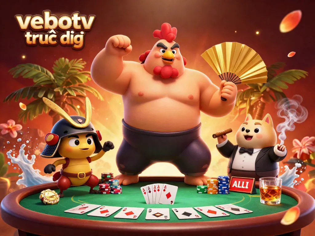 Engage with vebotv trực tiếp in a vibrant scene featuring a sumo wrestler rooster and fierce cricket surrounded by poker elements.