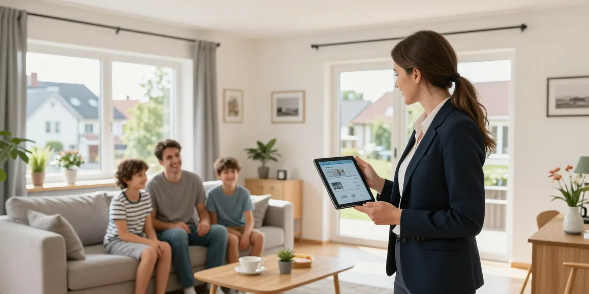 Immobilien Oberhausen: Professioneller Immobilienmakler zeigt glücklicher Familie ein wunderschönes Zuhause in der Nähe.