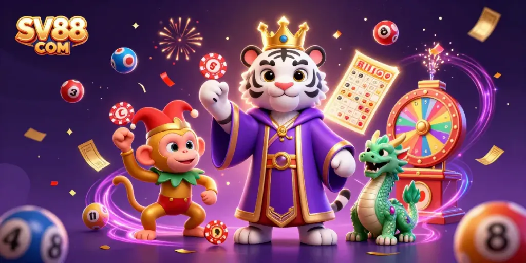 Experience the vibrant energy of SV88 COM with a lively casino illustration featuring a white tiger, monkey, and dragon amidst colorful gameplay elements.