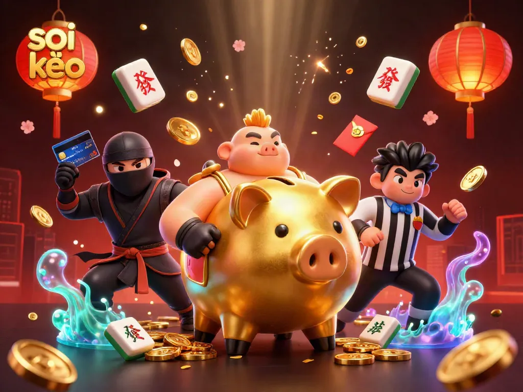 Soi kèo themed dynamic scene with cartoon characters and vibrant casino elements
