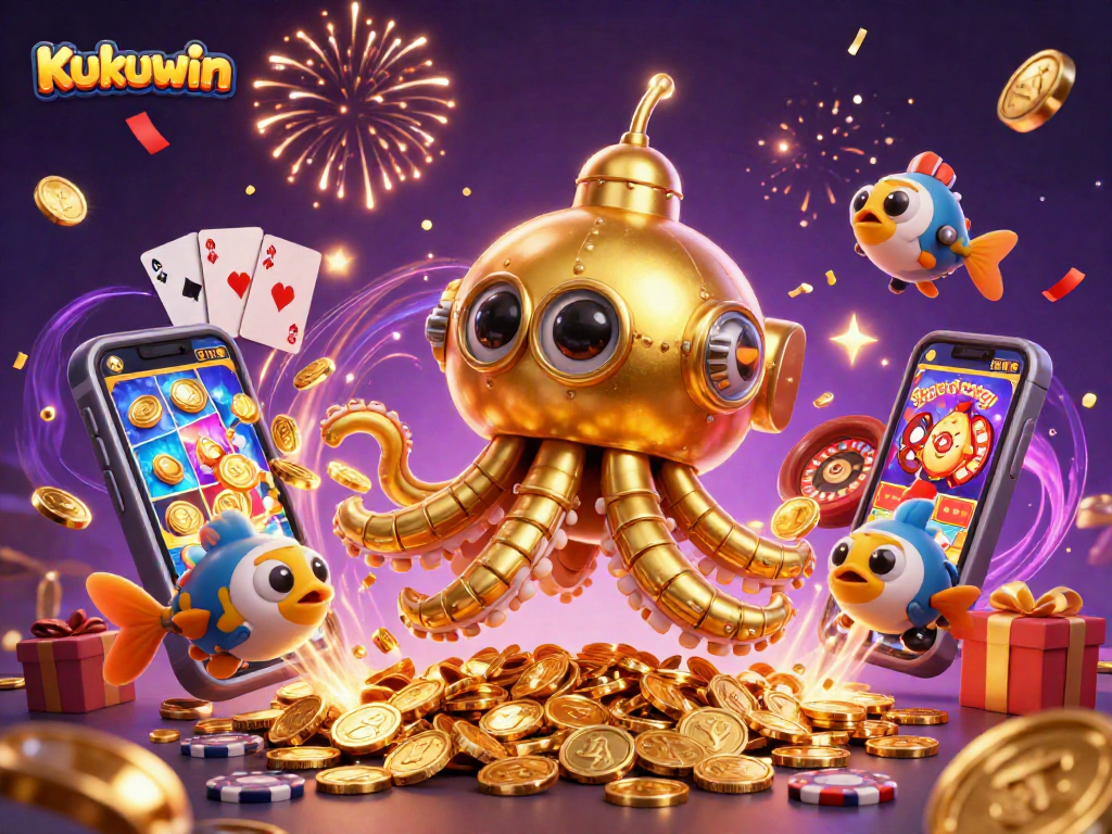Kukuwin illustrates high-stakes action with golden kraken submarine amidst vibrant casino elements.