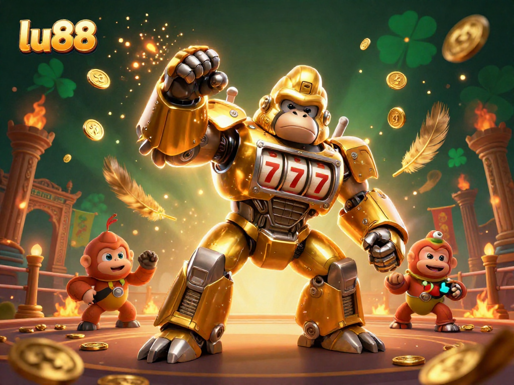 Join the excitement at lu88 with a dynamic 3D illustration of a golden gorilla mech amidst spinning slot reels.