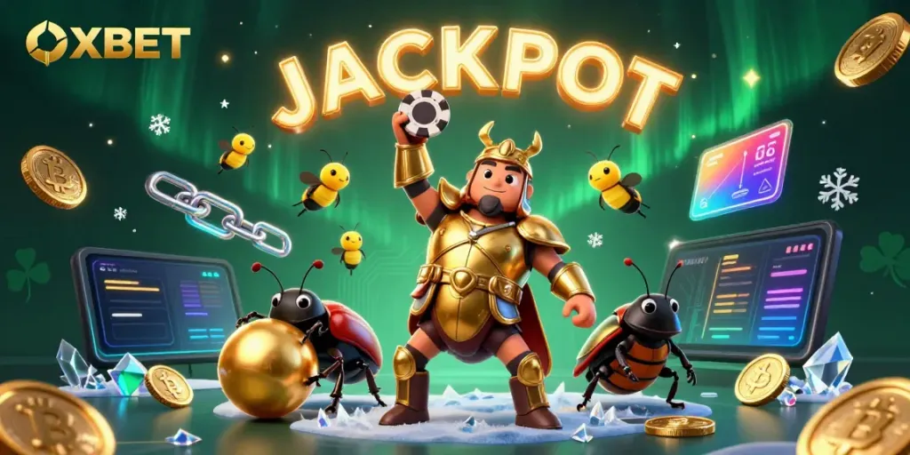 Win big with OXBET's thrilling jackpot scene including vibrant 3D beetle characters and crypto coins.