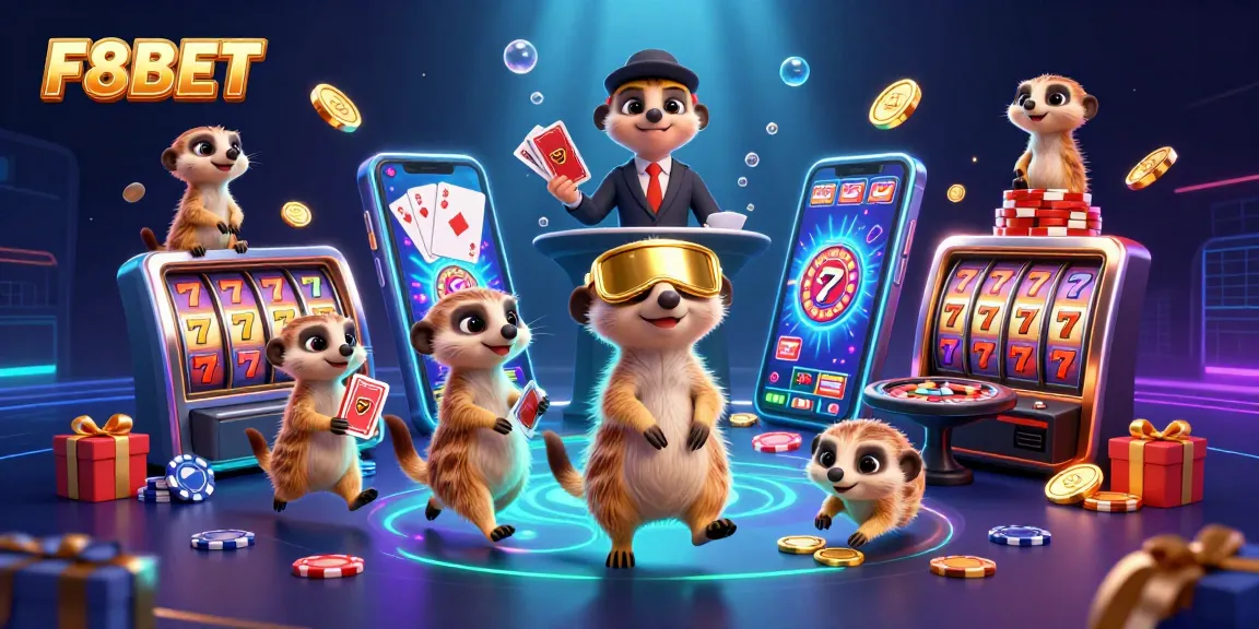 F8BET meerkats engaging in a lively casino scene with colorful slot reels and festive decorations.
