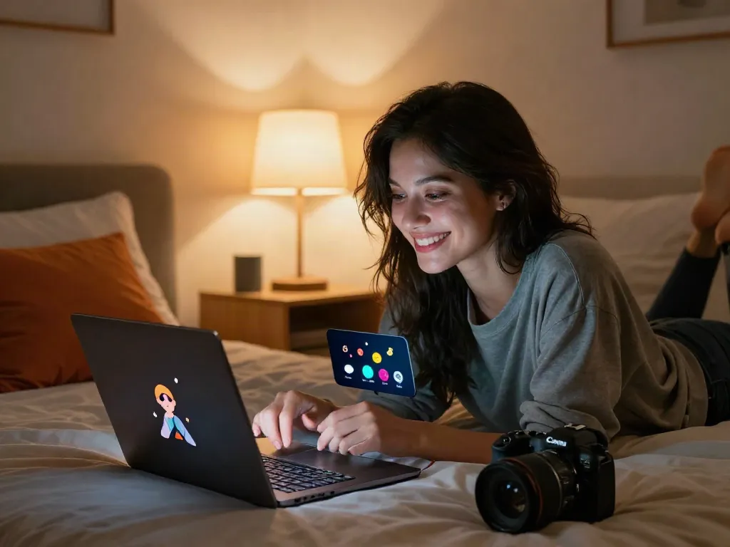 Engaging in a horny AI chat on a laptop in a cozy bedroom.
