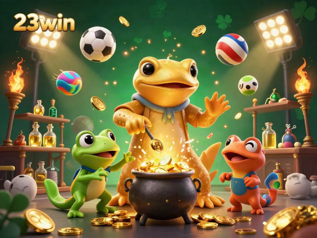 Experience thrilling gameplay at 23win with dynamic sports and casino elements colliding in a vibrant illustration.