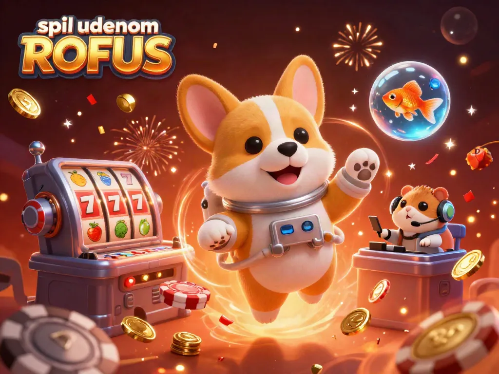Experience spil uden om ROFUS in a vibrant space casino with floating slot elements and animated characters