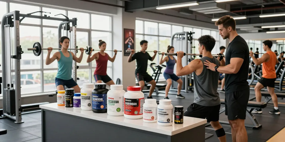 Globale Pharma-Steroide in einem modernen Fitnessstudio mit Sportlern und Leistungssteigerungssubstanzen.
