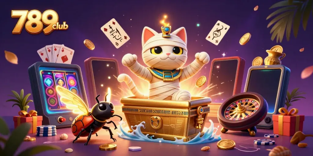 Experience exciting gaming at 789 club featuring an Egyptian mummy cat and golden sarcophagus in a pyramid casino.