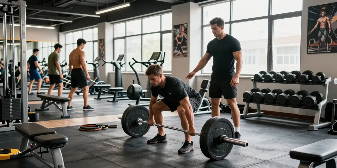 Utinon Steroids Shop, leistungsstarker Bodybuilder beim Deadlift in modernem Fitnessstudio mit Trainingsgeräten und motivierenden Poster