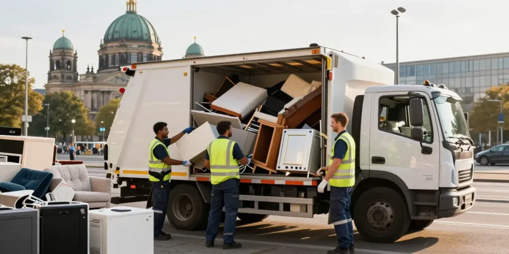 Sperrmüllabholung Berlin: Professionelles Team beim Einsammeln von Sperrmüll in Berlin mit Lkw im Hintergrund.