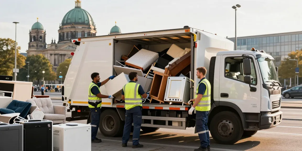 Sperrmüllabholung Berlin: Professionelles Team beim Einsammeln von Sperrmüll in Berlin mit Lkw im Hintergrund.