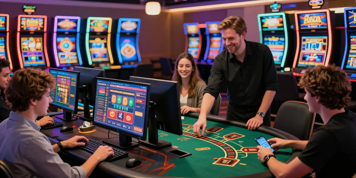 Baza Casino gaming excitement with players at live tables and colorful slot machines.