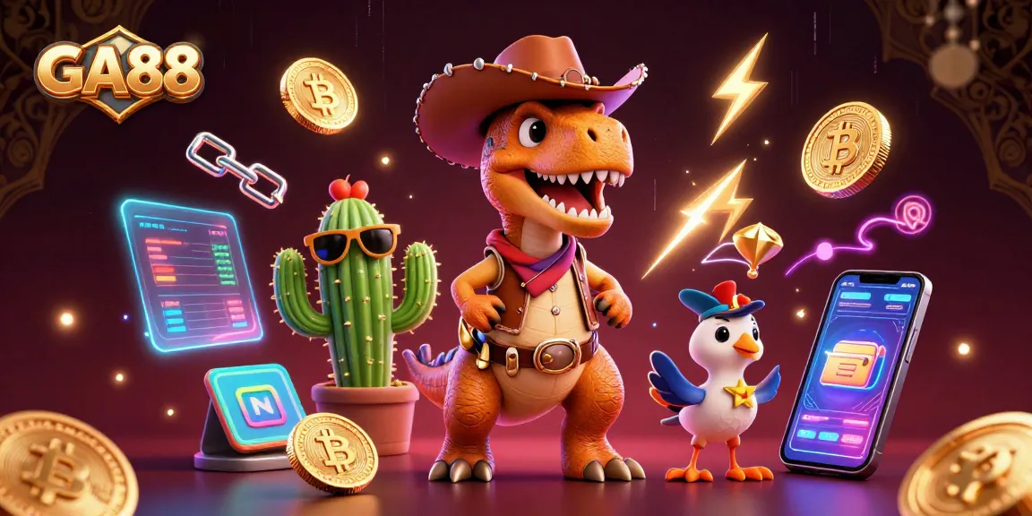Join the GA88 fun with a vibrant casino scene featuring a cowboy dinosaur and crypto elements!