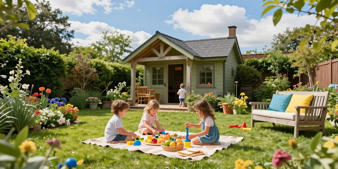 Familie genießt das Gartenhaus im Freien und spielt im Garten.