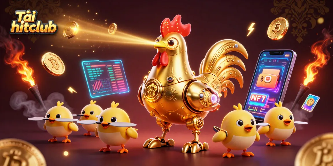 Tải hitclub - Exciting animated scene with a futuristic rooster robot and chick drones showcasing slot reels and cryptocurrencies, highlighting dynamic casino action.