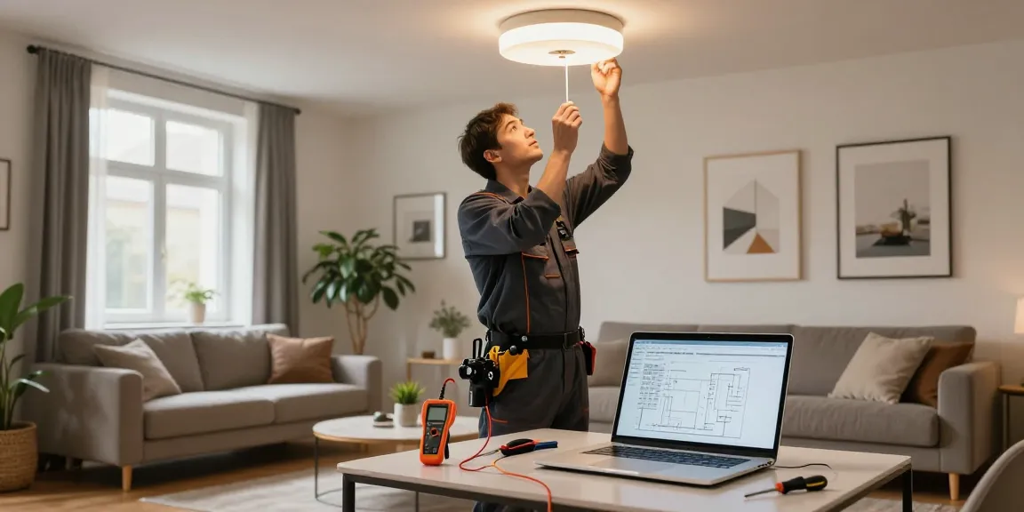 Elektroinstallateur in Dortmund & Umgebung bei der Überprüfung moderner Elektroinstallationen in einem Wohnzimmer.