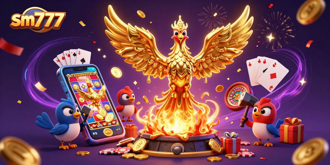 Spin the reels on sm777 with a golden phoenix and live casino elements in a vibrant 3D scene.