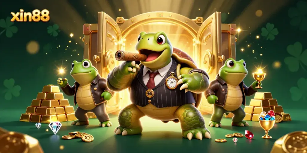 Join the excitement at xin88 with a vibrant casino scene featuring unique characters and treasures.