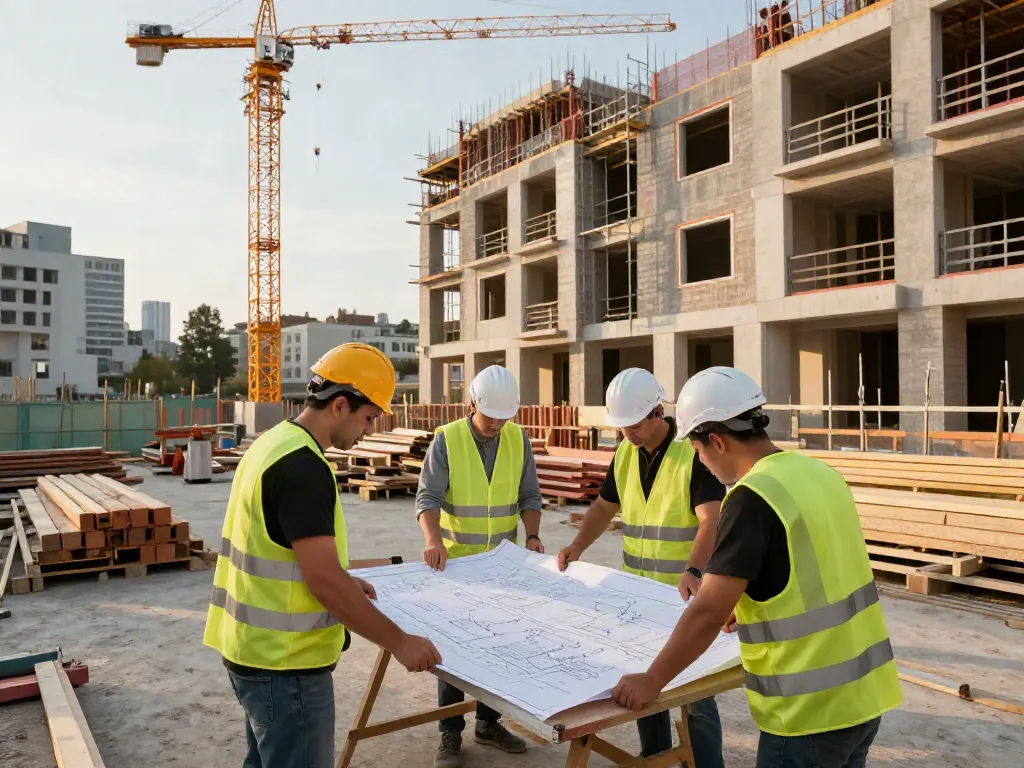 Hausbau Wien - moderne Baustelle mit Arbeitern, Plänen und Materialien.