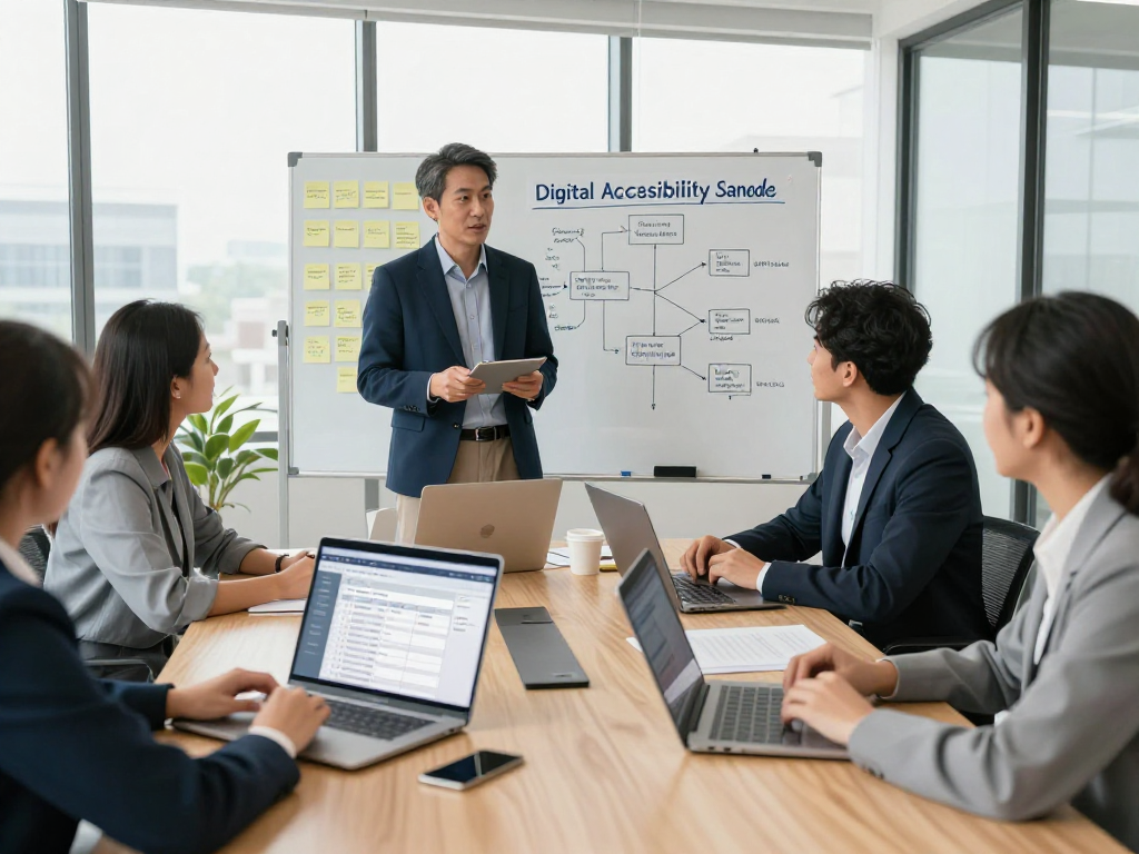 Barrierefreie und rechtssichere Webseiten Dienstleistung: Expertenberatung zur digitalen Barrierefreiheit in einem modernen Büro.