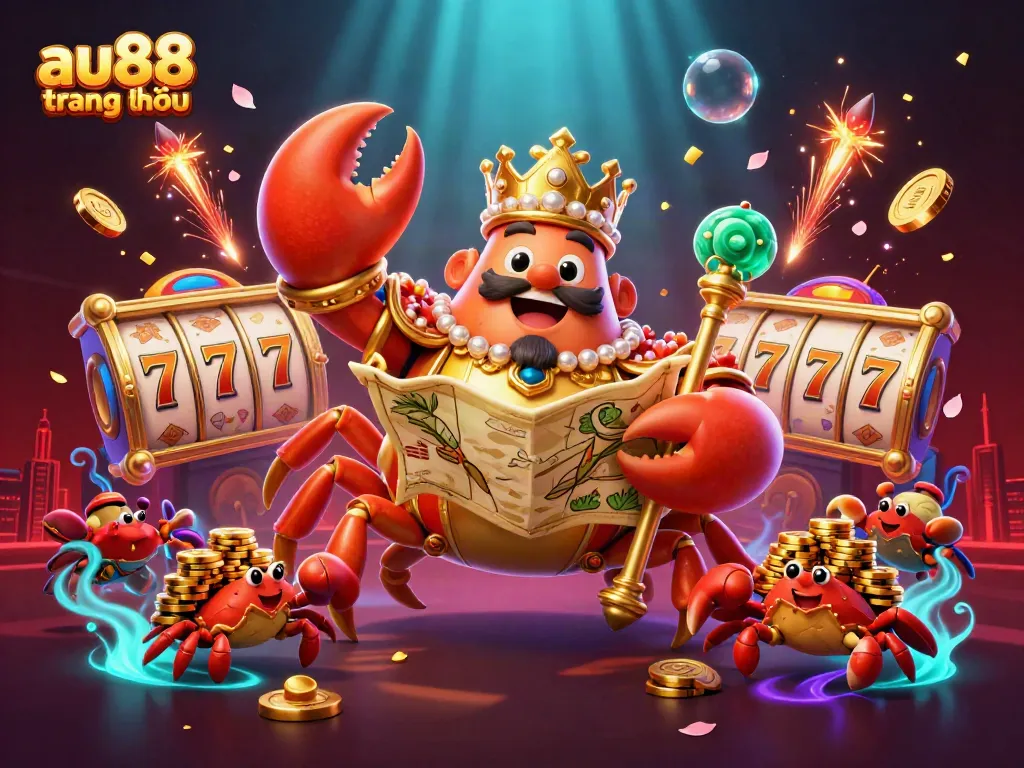 Experience the thrill of au88 trang chủ with a golden crab emperor amidst vibrant casino elements.