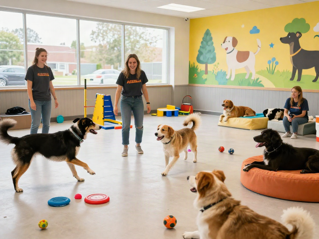 Dogs playing in a lively daycare, showcasing slot88's engaging pet environment.