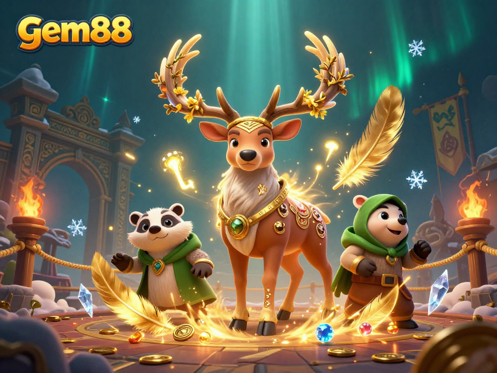 Experience the thrilling games at gem88, featuring a mystical stag and badger in a vibrant casino world.