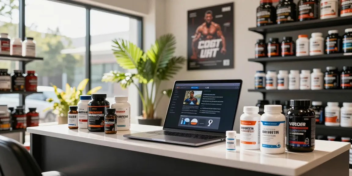 Selliza Shop - Kunde im Online-Shop für hochwertige Steroide und Supplements am Laptop.
