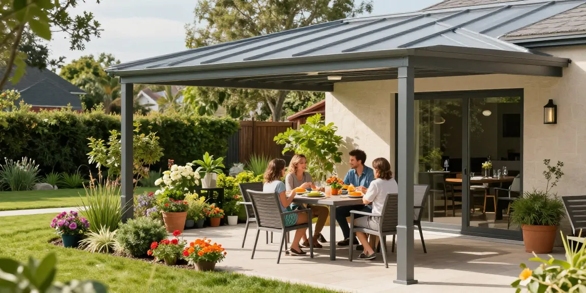 Moderne Terrassenüberdachung bietet perfekten Sonnenschutz für die Familie beim Entspannen im Garten.