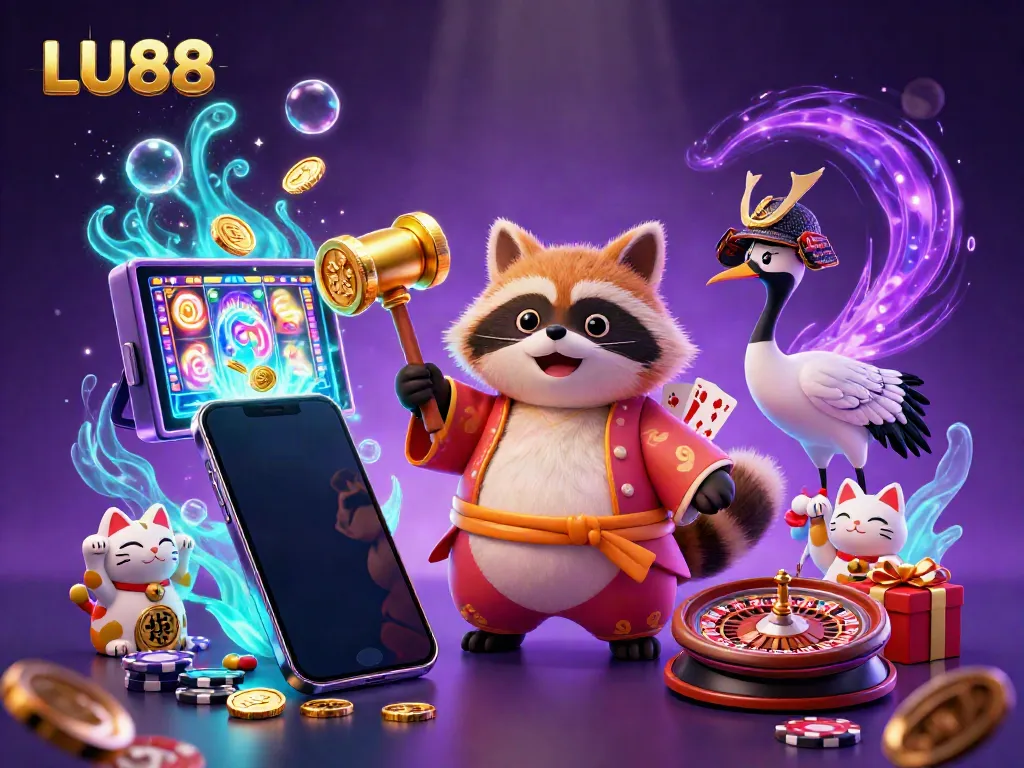Experience thrilling gaming at LU88 with cheerful tanuki and samurai crane amidst vibrant casino elements.
