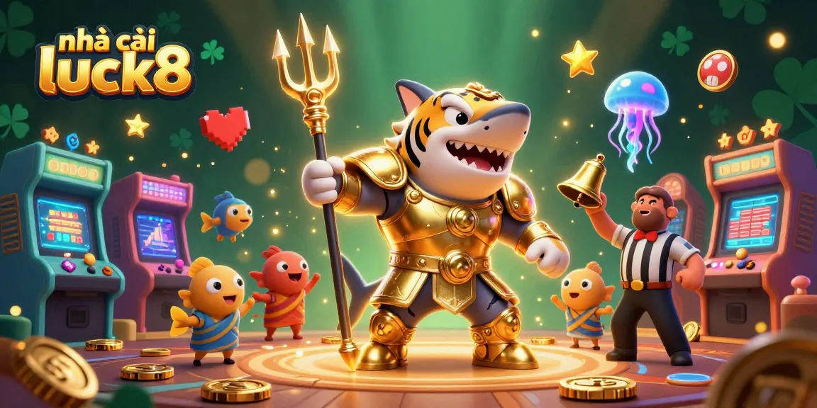 Engaging scene featuring nhà cái luck8 with a cartoon tiger shark in gladiator armor in a vibrant casino setting.