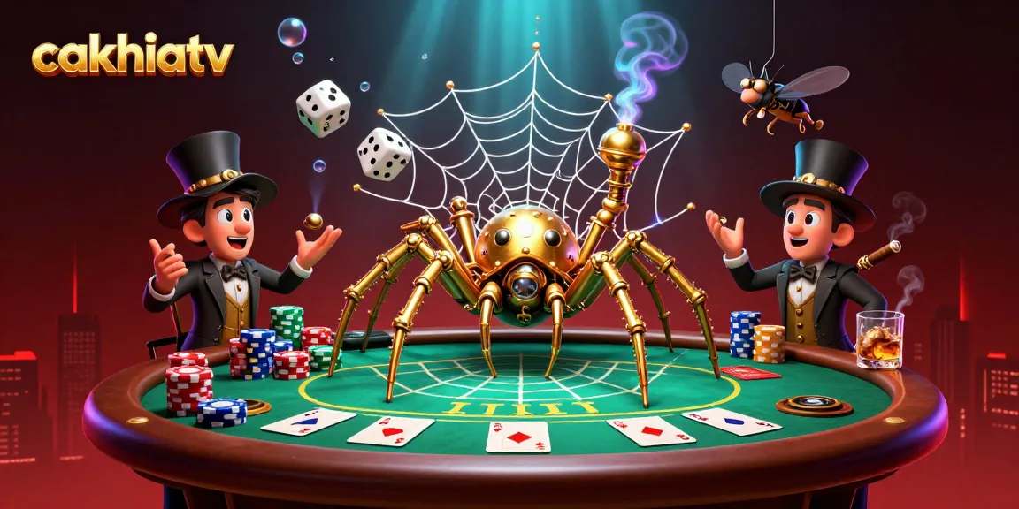 Cakhiatv showcases a lively steampunk scene with a golden spider and Victorian fly gentleman interacting amidst poker elements and a vibrant atmosphere.