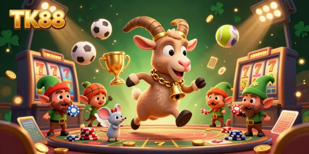 Engaging scene of TK88's Krampus goat and friends in a festive-casino atmosphere with dynamic game elements.