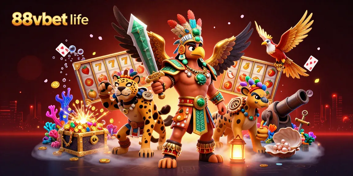 Hình ảnh mô tả 88vbet life với chiến binh Aztec trong khung cảnh casino sống động.