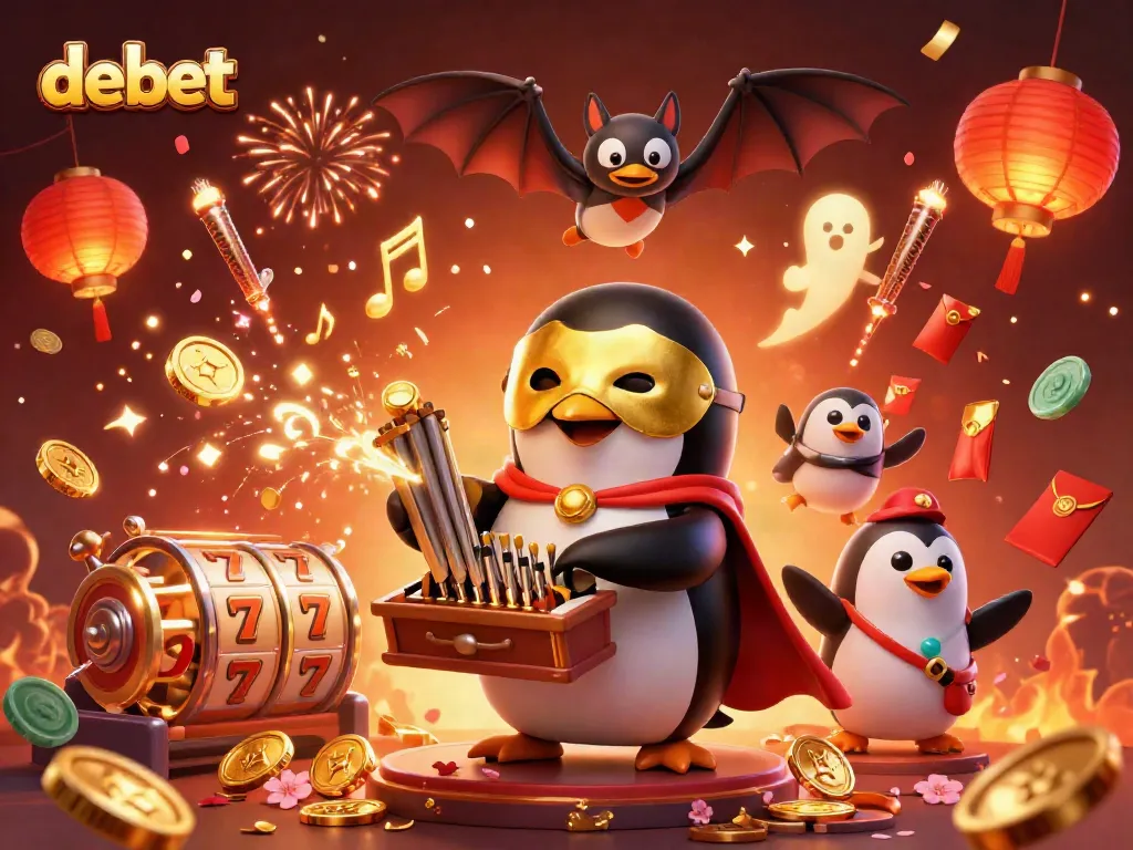 Experience debet with vibrant casino elements and a playful penguin in a dynamic scene.